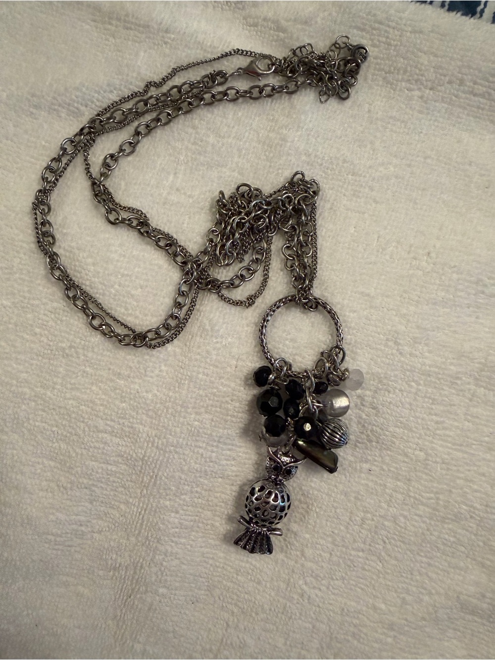 Silver-Tone Multi-Charm Pendant Necklace with Black Beads